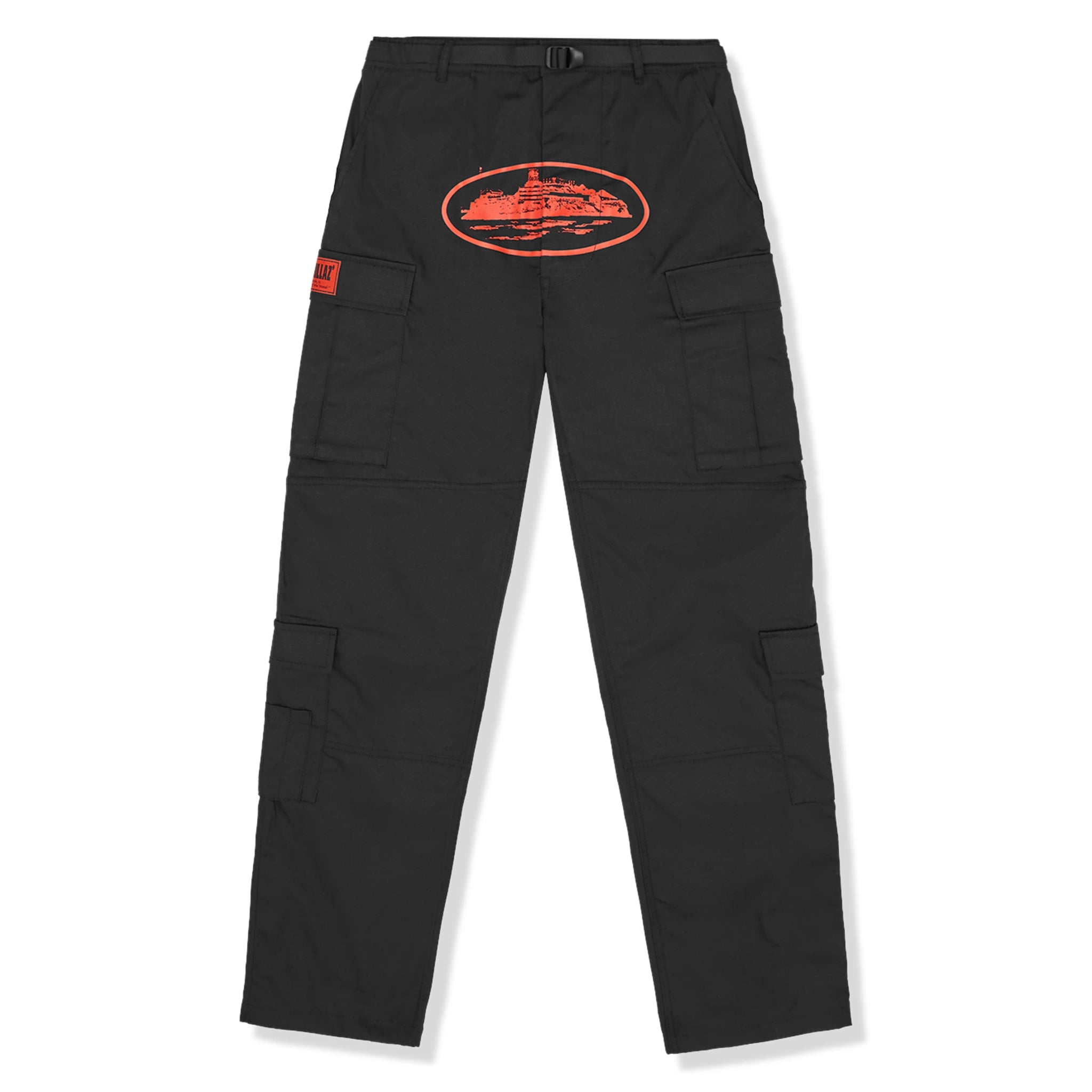 Front view of Corteiz Guerillaz Black Red Cargo Pants